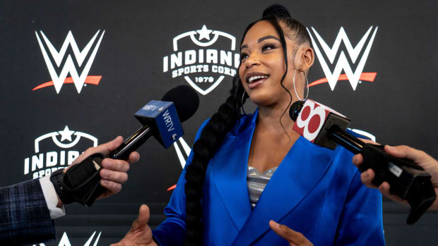 WWE wrestler Bianca Belair speaks at a press conference hosted by WWE and the Indianapolis Sports Corp.