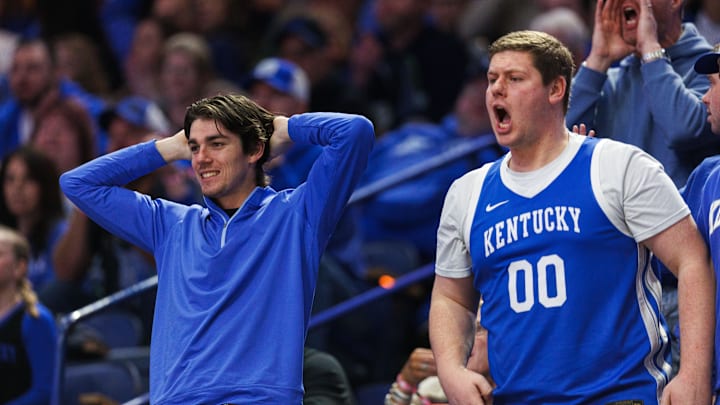 Feb 11, 2025; Lexington, Kentucky, USA; Kentucky Wildcats fans voice their disagreement with a call made by a referee during the first half against the Tennessee Volunteers at Rupp Arena at Central Bank Center. Mandatory Credit: Jordan Prather-Imagn Images