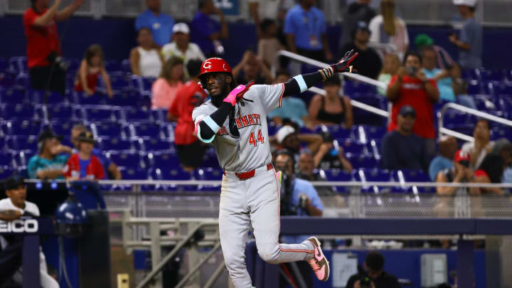 Aug 5, 2024; Miami, Florida, USA; Cincinnati Reds shortstop Elly De La Cruz (44) reacts as hi runs toward home plate after hitting a solo home run against the Miami Marlins during the eighth inning at loanDepot Park. Mandatory Credit: Sam Navarro-USA TODAY Sports