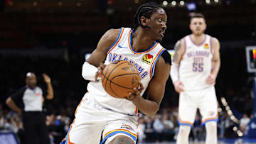 Nov 20, 2024; Oklahoma City, Oklahoma, USA; Oklahoma City Thunder forward Jalen Williams (8) moves the ball against Portland Trail Blazers during the second half at Paycom Center. Mandatory Credit: Alonzo Adams-Imagn Images