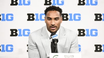 Jul 24, 2024; Indianapolis, IN, USA; Michigan State Spartans defensive back Dillon Tatum speaks to the media during the Big 10 football media day at Lucas Oil Stadium. Mandatory Credit: Robert Goddin-USA TODAY Sports