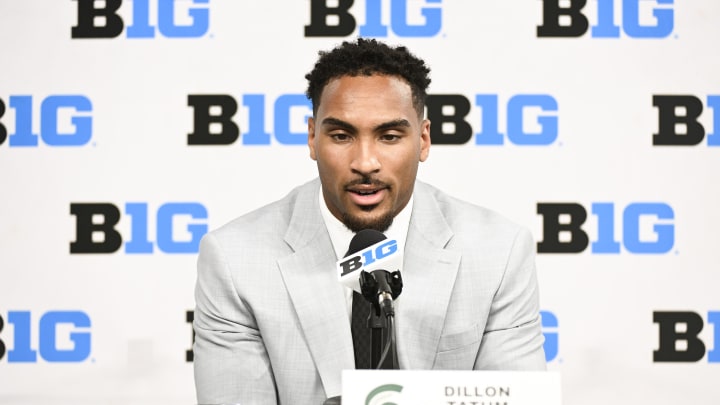 Jul 24, 2024; Indianapolis, IN, USA; Michigan State Spartans defensive back Dillon Tatum speaks to the media during the Big 10 football media day at Lucas Oil Stadium. Mandatory Credit: Robert Goddin-USA TODAY Sports