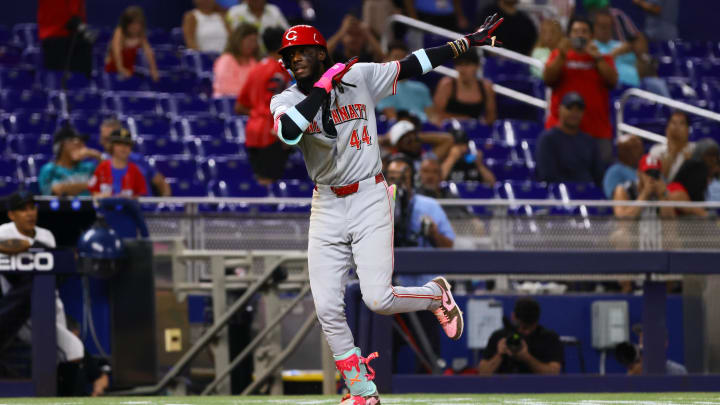 Aug 5, 2024; Miami, Florida, USA; Cincinnati Reds shortstop Elly De La Cruz (44) reacts as hi runs toward home plate after hitting a solo home run against the Miami Marlins during the eighth inning at loanDepot Park. Mandatory Credit: Sam Navarro-USA TODAY Sports