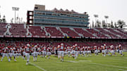 Sep 25, 2021; Stanford, California, USA;  General view of the Stanford Cardinal players warming up before the game against the UCLA Bruins at Stanford Stadium. Mandatory Credit: Stan Szeto-Imagn Images