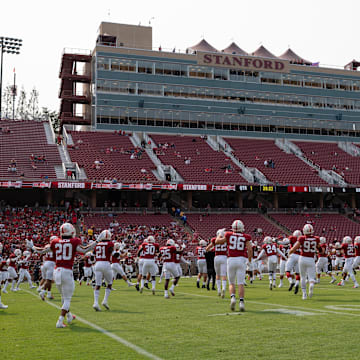 Sep 25, 2021; Stanford, California, USA;  General view of the Stanford Cardinal players warming up before the game against the UCLA Bruins at Stanford Stadium. Mandatory Credit: Stan Szeto-Imagn Images