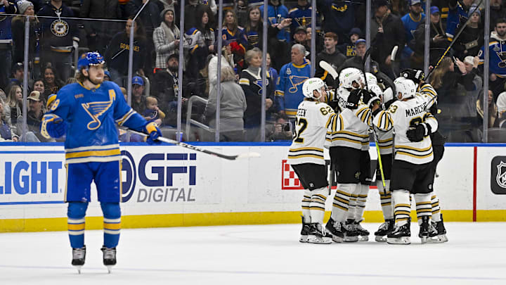 Jan 13, 2024; St. Louis, Missouri, USA;  Boston Bruins defenseman Charlie McAvoy (73) is congratulated on his overtime game winning goal by teammates as St. Louis Blues center Robert Thomas (18) reacts in overtime at Enterprise Center. Mandatory Credit: Jeff Curry-Imagn Images