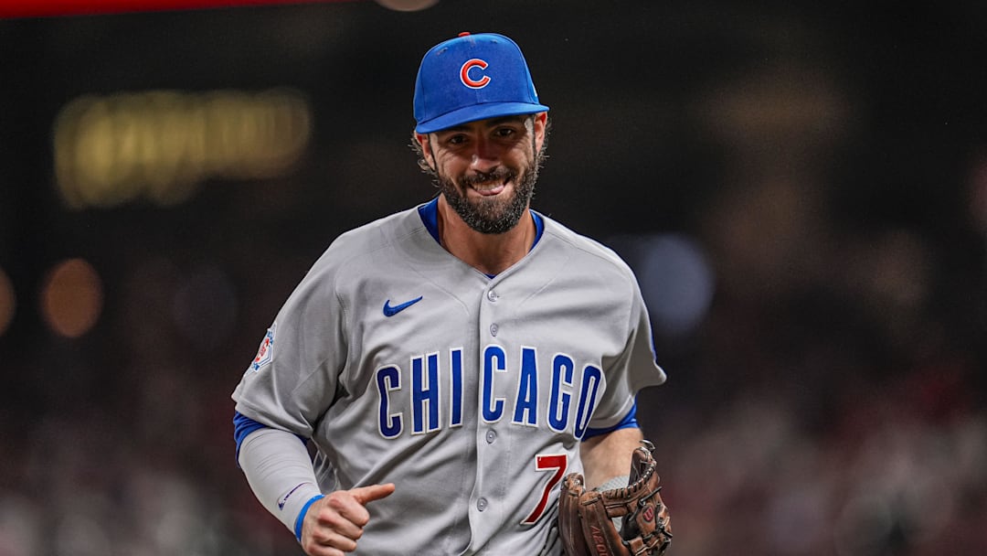 May 13, 2026; Cumberland, Georgia, USA; Chicago Cubs shortstop Dansby Swanson (7) reacts after throwing out Atlanta Braves third baseman Austin Riley (27) (not shown) during the seventh inning at Truist Park. Mandatory Credit: Dale Zanine-Imagn Images