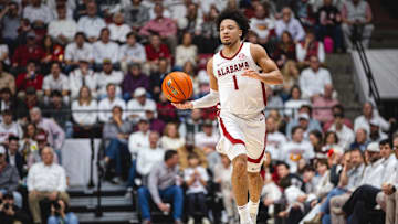 Feb 22, 2025; Tuscaloosa, Alabama, USA; Alabama Crimson Tide guard Mark Sears (1) drives the ball against the Kentucky Wildcats during the first half at Coleman Coliseum. Mandatory Credit: Will McLelland-Imagn Images
