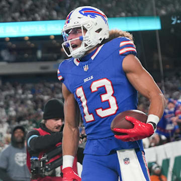 Oct 14, 2024; East Rutherford, New Jersey, USA; Buffalo Bills wide receiver Mack Hollins (13) celebrates after catching a touchdown pass during the first half against the New York Jets at MetLife Stadium. Mandatory Credit: Lucas Boland-Imagn Images