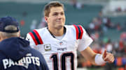 Nov 23, 2025; Cincinnati, Ohio, USA; New England Patriots quarterback Drake Maye (10) reacts after defeating the Cincinnati Bengals at Paycor Stadium. Mandatory Credit: Joseph Maiorana-Imagn Images