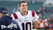 Nov 23, 2025; Cincinnati, Ohio, USA; New England Patriots quarterback Drake Maye (10) reacts after defeating the Cincinnati Bengals at Paycor Stadium. Mandatory Credit: Joseph Maiorana-Imagn Images