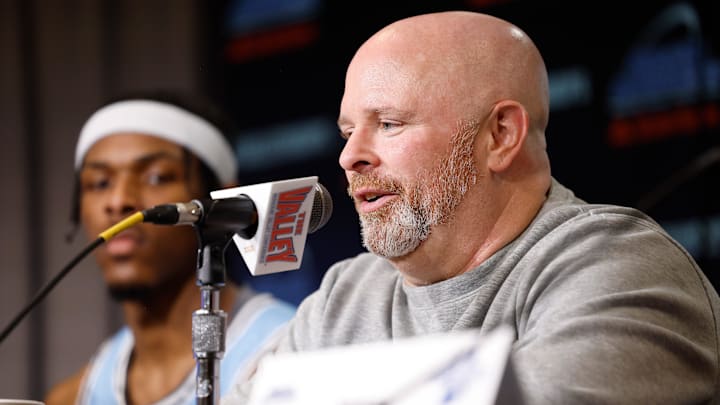 Indiana State Head Coach Josh Schertz speaks to the media following a Missouri Valley Conference Tournament game between Missouri State and Indiana State, Friday, March 8, 2024, at Enterprise Center in St. Louis.
