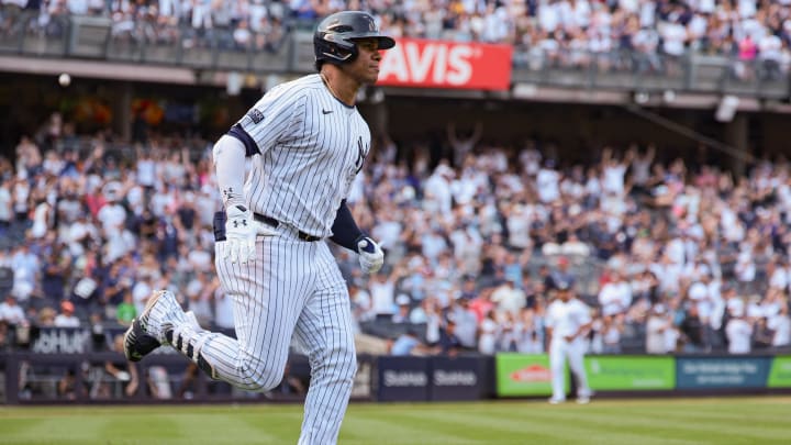 Aug 11, 2024; Bronx, New York, USA; New York Yankees right fielder Juan Soto (22) rounds the bases during his solo home run during the seventh inning against the Texas Rangers at Yankee Stadium. Mandatory Credit: Vincent Carchietta-USA TODAY Sports