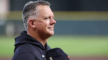 Detroit Tigers manager A.J. Hinch (14) reacts during the playing of the national anthem before game two of the Wildcard round for the 2024 MLB Playoffs against the Houston Astros at Minute Maid Park.