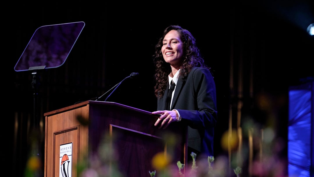 Women's Basketball Hall of Fame Inductee, Sue Bird, gives her remarks during the 2025 Women’s Basketball Hall of Fame Induction Ceremony at the Tennessee Theatre, June 14, 2025, in Knoxville, Tenn. (Shawn Millsaps/Special to News Sentinel) Women's Basketball Hall of Fame Inductee, Sue Bird, gives her remarks during the 2025 Women’s Basketball Hall of Fame Induction Ceremony at the Tennessee Theatre, June 14, 2025, in Knoxville, Tenn. (Shawn Millsaps/Special to News Sentinel)