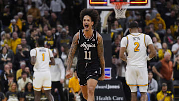 Feb 8, 2025; Columbia, Missouri, USA; Texas A&M Aggies forward Andersson Garcia (11) celebrates after defeating the Missouri Tigers at Mizzou Arena. Mandatory Credit: Jay Biggerstaff-Imagn Images