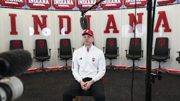 Indiana coach Darian DeVries appears in front of the cameras in the Simon Skjodt Assembly Hall locker room on his first day on the job on March 19, 2025.