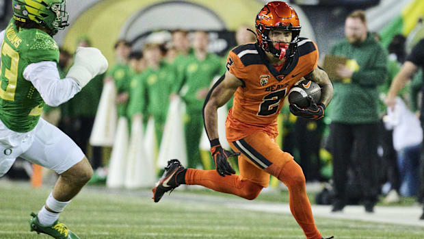 Nov 24, 2023; Eugene, Oregon, USA; Oregon State Beavers wide receiver Anthony Gould (2) catches a