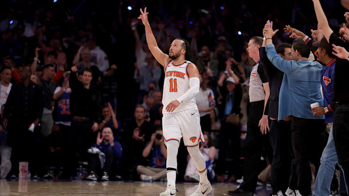 May 16, 2025; New York, New York, USA; New York Knicks guard Jalen Brunson (11) celebrates his three point shot against the Boston Celtics during the fourth quarter of game six in the second round of the 2025 NBA Playoffs at Madison Square Garden. Mandatory Credit: Brad Penner-Imagn Images May 16, 2025; New York, New York, USA; New York Knicks guard Jalen Brunson (11) celebrates his three point shot against the Boston Celtics during the fourth quarter of game six in the second round of the 2025 NBA Playoffs at Madison Square Garden. Mandatory Credit: Brad Penner-Imagn Images