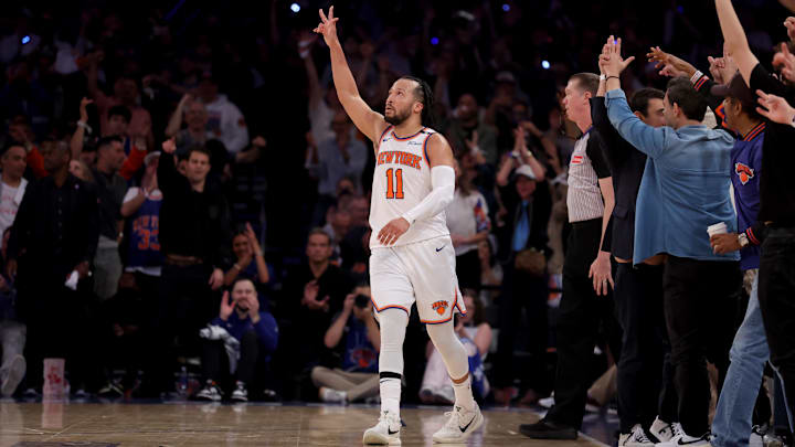 May 16, 2025; New York, New York, USA; New York Knicks guard Jalen Brunson (11) celebrates his three point shot against the Boston Celtics during the fourth quarter of game six in the second round of the 2025 NBA Playoffs at Madison Square Garden. Mandatory Credit: Brad Penner-Imagn Images