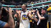 Apr 26, 2025; San Francisco, California, USA; Golden State Warriors guard Stephen Curry (30) celebrates after defeating the Houston Rockets after game three of first round for the 2024 NBA Playoffs at Chase Center. Mandatory Credit: Darren Yamashita-Imagn Images