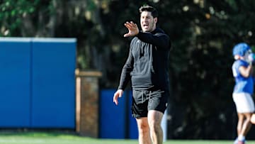 Florida Gators co-defensive coordinator Vinnie Sunseri gestures during spring football practice at Heavener Football Complex at the University of Florida in Gainesville, FL on Tuesday, March 11, 2025. [Matt Pendleton/Gainesville Sun]