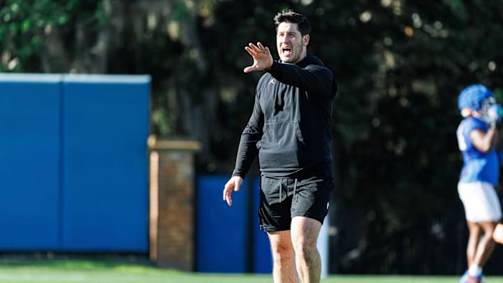 Florida Gators co-defensive coordinator Vinnie Sunseri gestures during spring football practice at Heavener Football Complex at the University of Florida in Gainesville, FL on Tuesday, March 11, 2025. [Matt Pendleton/Gainesville Sun]