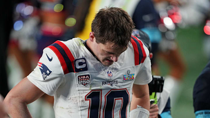 Feb 8, 2026; Santa Clara, CA, USA; New England Patriots quarterback Drake Maye (10) exits the field after the loss against the Seattle Seahawks in Super Bowl LX at Levi's Stadium. Mandatory Credit: Darren Yamashita-Imagn Images