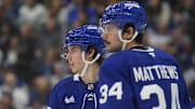 Mar 19, 2025; Toronto, Ontario, CAN; Toronto Maple Leafs forward Mitch Marner (16) and Toronto Maple Leafs forward Auston Matthews (34) during a break in the action against the Colorado Avalanche at Scotiabank Arena. Mandatory Credit: John E. Sokolowski-Imagn Images