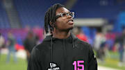 Feb 28, 2025; Indianapolis, IN, USA; Colorado defensive back Travis Hunter (DB15) looks on during the 2025 NFL Scouting Combine at Lucas Oil Stadium. Mandatory Credit: Kirby Lee-Imagn Images