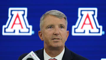 Jul 9, 2025; Frisco, TX, USA; Arizona head coach Brent Brennan speaks with the media during 2025 Big 12 Football Media Days at The Star. Mandatory Credit: Raymond Carlin III-Imagn Images