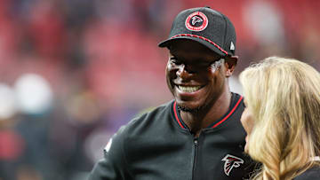 Aug 23, 2024; Atlanta, Georgia, USA; Atlanta Falcons head coach Raheem Morris after a game against the Jacksonville Jaguars at Mercedes-Benz Stadium. Mandatory Credit: Brett Davis-Imagn Images

