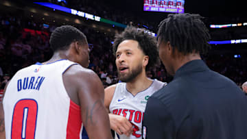 Mar 19, 2025; Miami, Florida, USA; Detroit Pistons guard Cade Cunningham (2) celebrates with center Jalen Duren (0) after the game against the Miami Heat at Kaseya Center. Mandatory Credit: Sam Navarro-Imagn Images