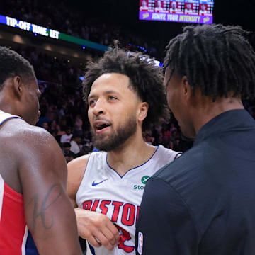 Mar 19, 2025; Miami, Florida, USA; Detroit Pistons guard Cade Cunningham (2) celebrates with center Jalen Duren (0) after the game against the Miami Heat at Kaseya Center. Mandatory Credit: Sam Navarro-Imagn Images