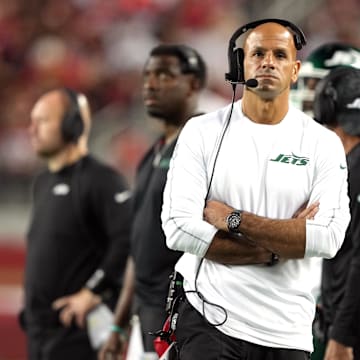 Sep 9, 2024; Santa Clara, California, USA; New York Jets head coach Robert Saleh walks along the sideline during the fourth quarter against the San Francisco 49ers at Levi's Stadium. 