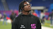 Feb 28, 2025; Indianapolis, IN, USA; Colorado defensive back Travis Hunter (DB15) looks on during the 2025 NFL Scouting Combine at Lucas Oil Stadium. Mandatory Credit: Kirby Lee-Imagn Images