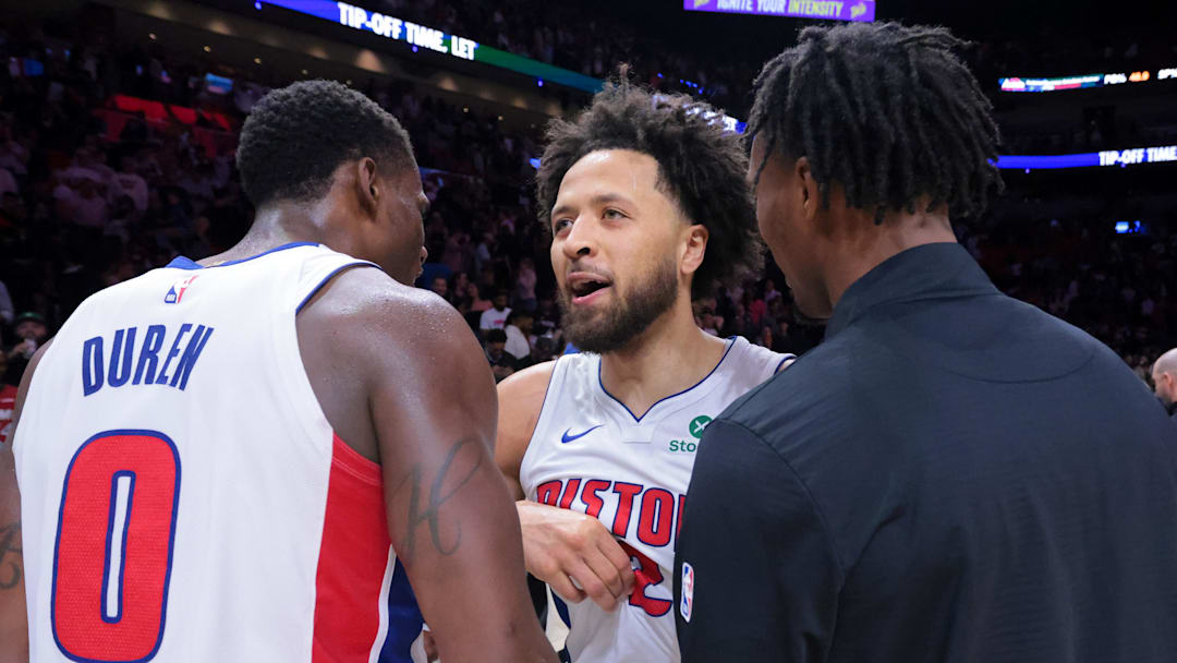 Mar 19, 2025; Miami, Florida, USA; Detroit Pistons guard Cade Cunningham (2) celebrates with center Jalen Duren (0) after the game against the Miami Heat at Kaseya Center. Mandatory Credit: Sam Navarro-Imagn Images