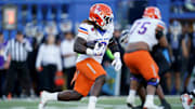 Nov 16, 2024; San Jose, California, USA; Boise State Broncos running back Ashton Jeanty (2) runs the ball against the San Jose State Spartans in the first quarter at CEFCU Stadium. Mandatory Credit: Cary Edmondson-Imagn Images