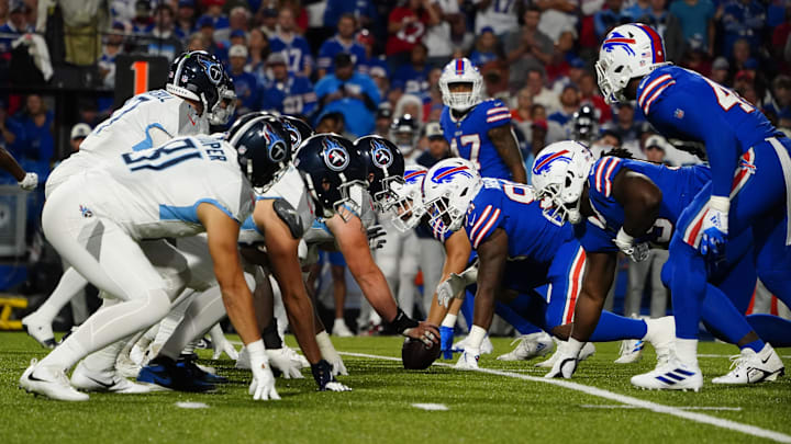 Sep 19, 2022; Orchard Park, New York, USA; The Tennessee Titans offensive lines up for a play against the Buffalo Bills during the second half at Highmark Stadium. Mandatory Credit: Gregory Fisher-Imagn Images