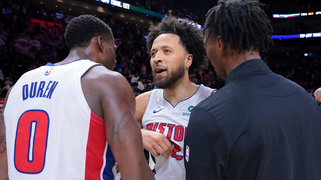 Mar 19, 2025; Miami, Florida, USA; Detroit Pistons guard Cade Cunningham (2) celebrates with center Jalen Duren (0): Sam Navarro-Imagn Images