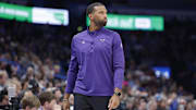 Mar 21, 2025; Oklahoma City, Oklahoma, USA; Charlotte Hornets head coach Charles Lee watches his team play against the Oklahoma City Thunder during the second half at Paycom Center. Mandatory Credit: Alonzo Adams-Imagn Images