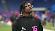 Feb 28, 2025; Indianapolis, IN, USA; Colorado defensive back Travis Hunter (DB15) looks on during the 2025 NFL Scouting Combine at Lucas Oil Stadium. Mandatory Credit: Kirby Lee-Imagn Images