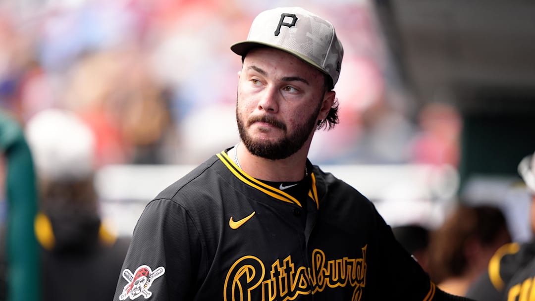 May 18, 2025; Philadelphia, Pennsylvania, USA; Pittsburgh Pirates starting pitcher Paul Skenes (30) looks on against the Philadelphia Phillies in the ninth inning at Citizens Bank Park. Mandatory Credit: Kyle Ross-Imagn Images