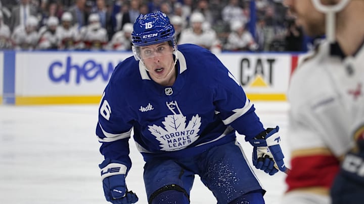May 14, 2025; Toronto, Ontario, CAN; Toronto Maple Leafs forward Mitch Marner (16) skates against the Florida Panthers during the third period of game five of the second round of the 2025 Stanley Cup Playoffs at Scotiabank Arena. Mandatory Credit: John E. Sokolowski-Imagn Images May 14, 2025; Toronto, Ontario, CAN; Toronto Maple Leafs forward Mitch Marner (16) skates against the Florida Panthers during the third period of game five of the second round of the 2025 Stanley Cup Playoffs at Scotiabank Arena. Mandatory Credit: John E. Sokolowski-Imagn Images
