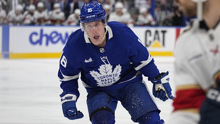 May 14, 2025; Toronto, Ontario, CAN; Toronto Maple Leafs forward Mitch Marner (16) skates against the Florida Panthers during the third period of game five of the second round of the 2025 Stanley Cup Playoffs at Scotiabank Arena. Mandatory Credit: John E. Sokolowski-Imagn Images May 14, 2025; Toronto, Ontario, CAN; Toronto Maple Leafs forward Mitch Marner (16) skates against the Florida Panthers during the third period of game five of the second round of the 2025 Stanley Cup Playoffs at Scotiabank Arena. Mandatory Credit: John E. Sokolowski-Imagn Images