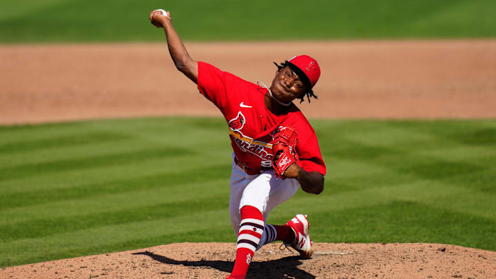 Feb 27, 2023; Jupiter, Florida, USA; St. Louis Cardinals pitcher Tink Hence (95) throws a pitch against the New York Mets during the sixth inning at Roger Dean Stadium. Mandatory Credit: Rich Storry-Imagn Images