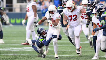 Oct 22, 2023; Seattle, Washington, USA; Seattle Seahawks safety Julian Love (20) tackles Arizona