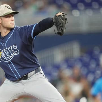 Tampa Bay's Shane Baz (11) gave up five runs against the Miami Marlins at loanDepot Park Sunday. It was his third straight loss.