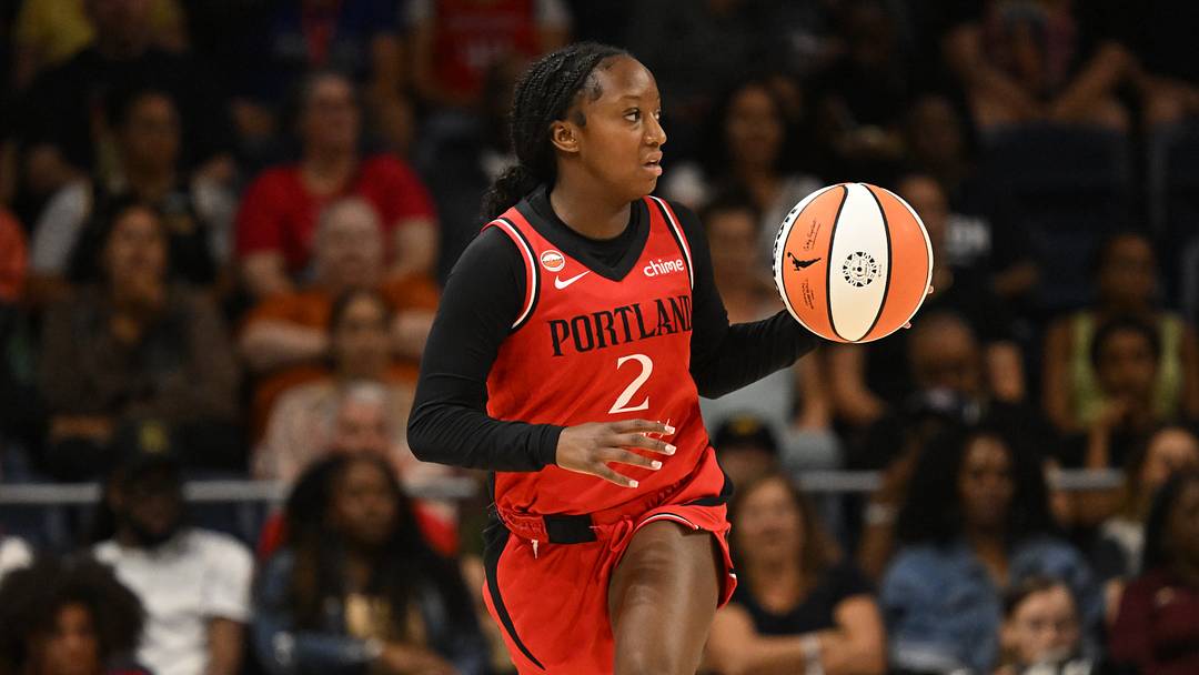 Jun 28, 2026; Washington, District of Columbia, USA; Portland Fire guard Jordan Harrison (2) dribbles the ball against the Washington Mystics during the third quarter at CareFirst Arena. Mandatory Credit: Rafael Suanes-Imagn Images