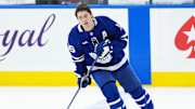 Apr 17, 2025; Toronto, Ontario, CAN; Toronto Maple Leafs right wing Mitch Marner (16) skates during the warmup before a game against the Detroit Red Wings at Scotiabank Arena. Mandatory Credit: Nick Turchiaro-Imagn Images